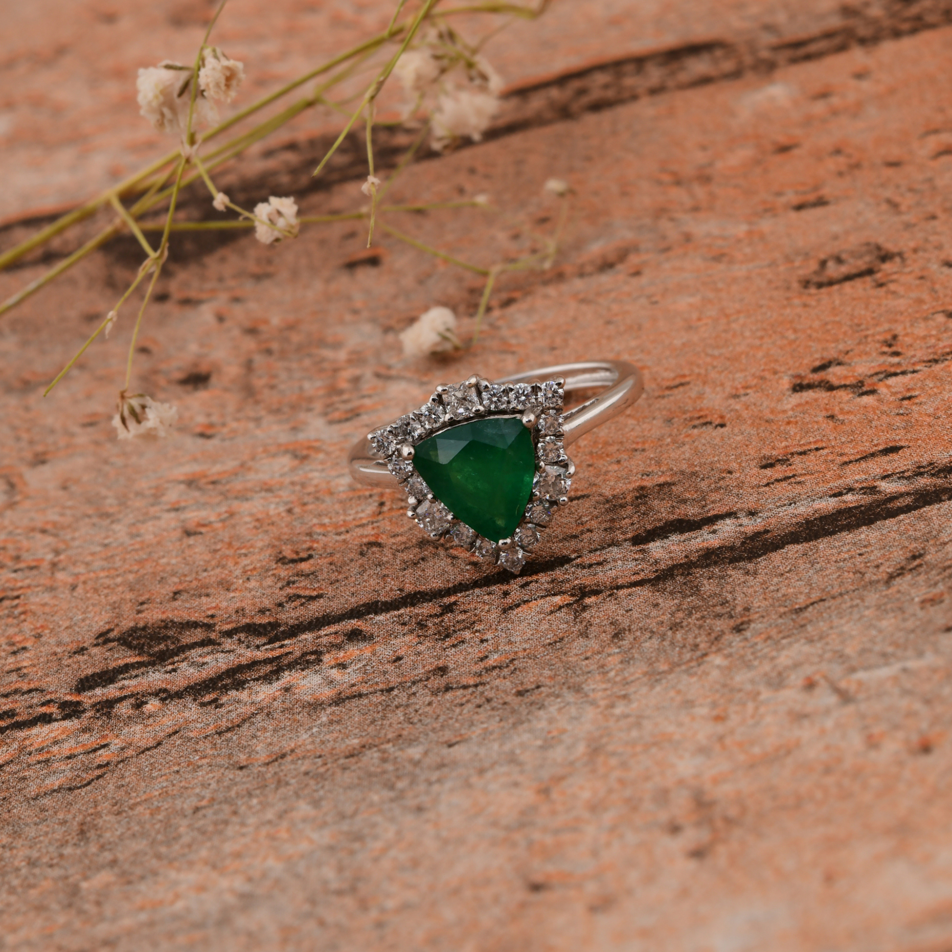 Certified Triangle Shape Zambian Emerald and Diamond Ring