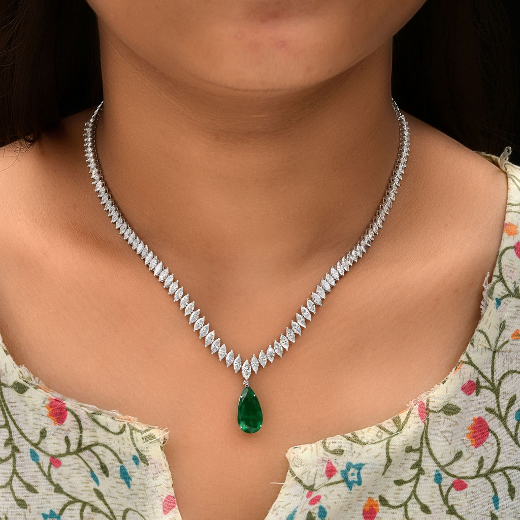 13.82 Tcw Pear Zambian Emerald Pendant H/SI Marquise Diamond Necklace 18k Gold Gift