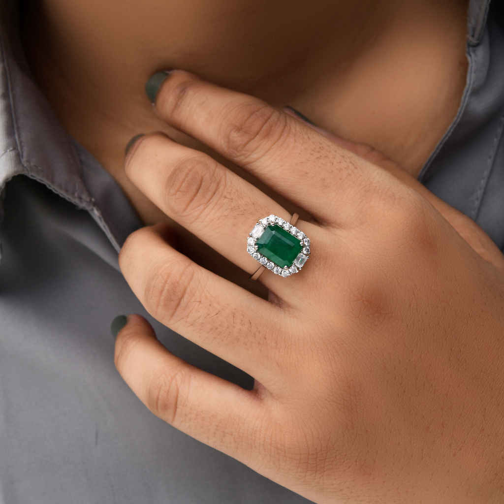 3.53 Tcw Natural Zambian Emerald SI/H Baguette Diamond Gold Ring