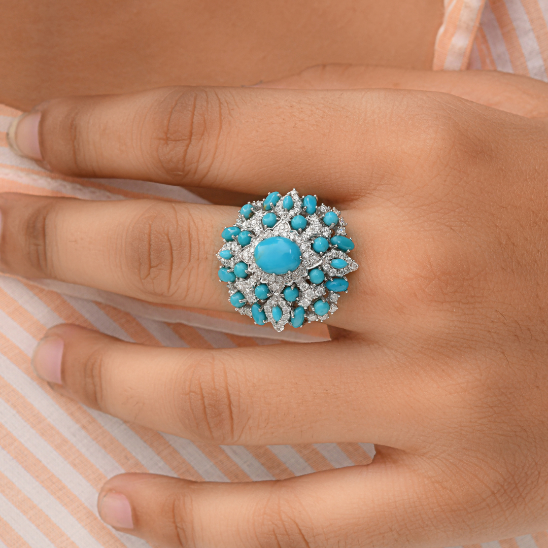 3.67 Tcw Arizona Turquoise SI/HI Natural Diamond Cocktail Ring in Fine Gold