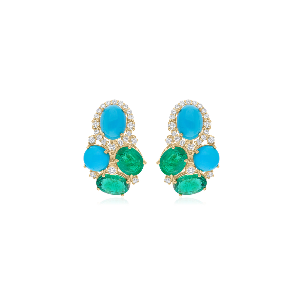 Handmade Art Deco 8.98Ct Natural Turquoise & Emerald Diamond Solid Gold Earrings