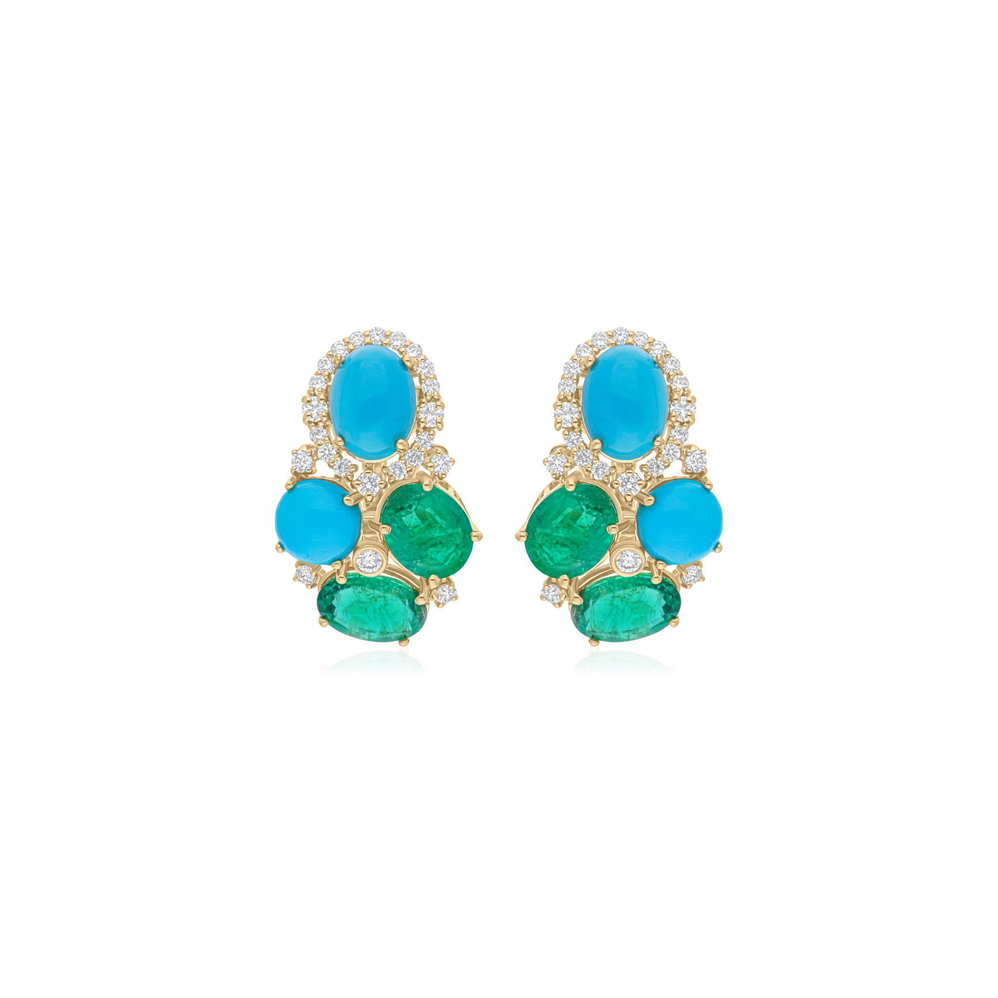 Handmade Art Deco 8.98Ct Natural Turquoise & Emerald Diamond Solid Gold Earrings