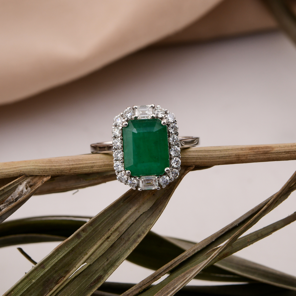 3.53 Tcw Natural Zambian Emerald SI/H Baguette Diamond Gold Ring
