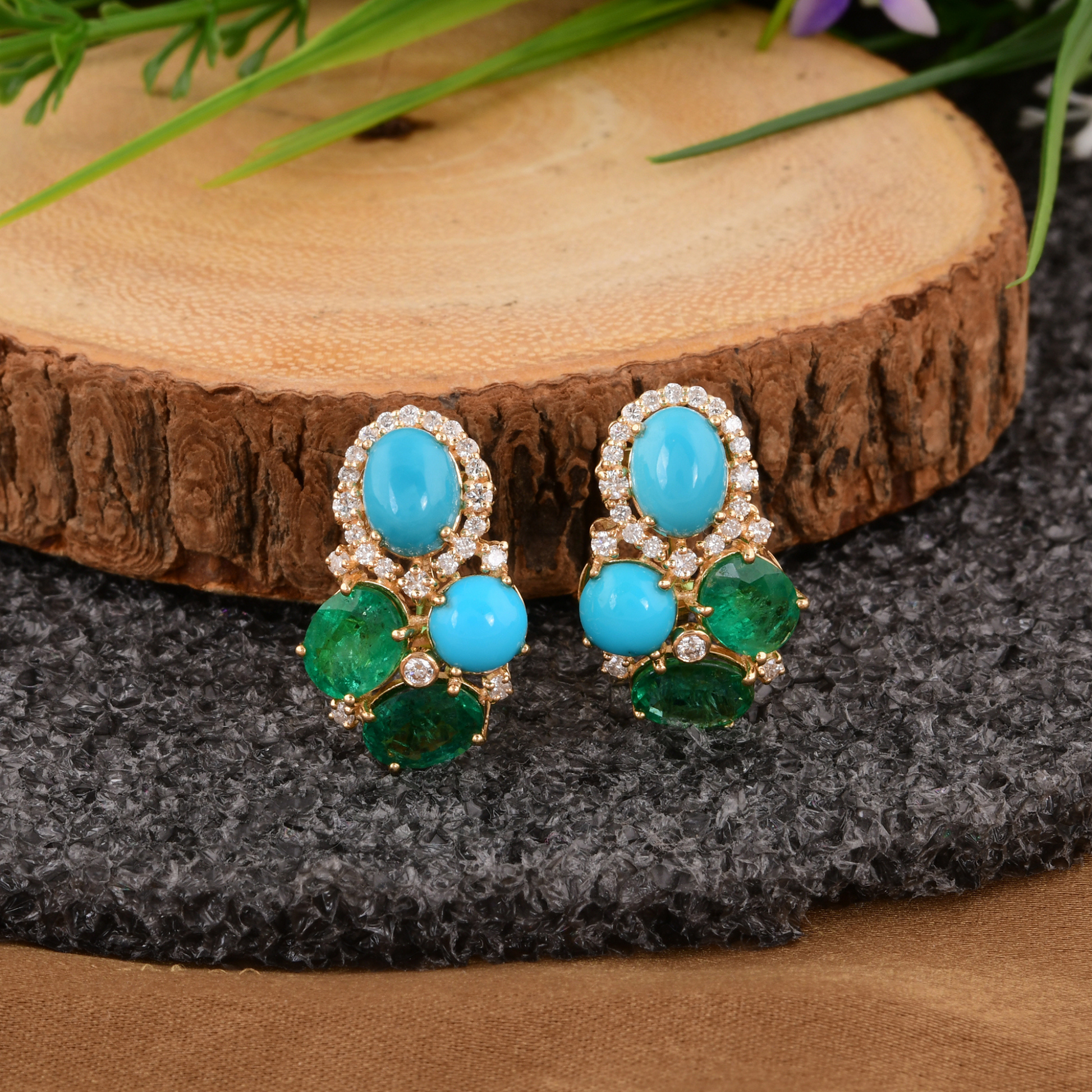 Handmade Art Deco 8.98Ct Natural Turquoise & Emerald Diamond Solid Gold Earrings