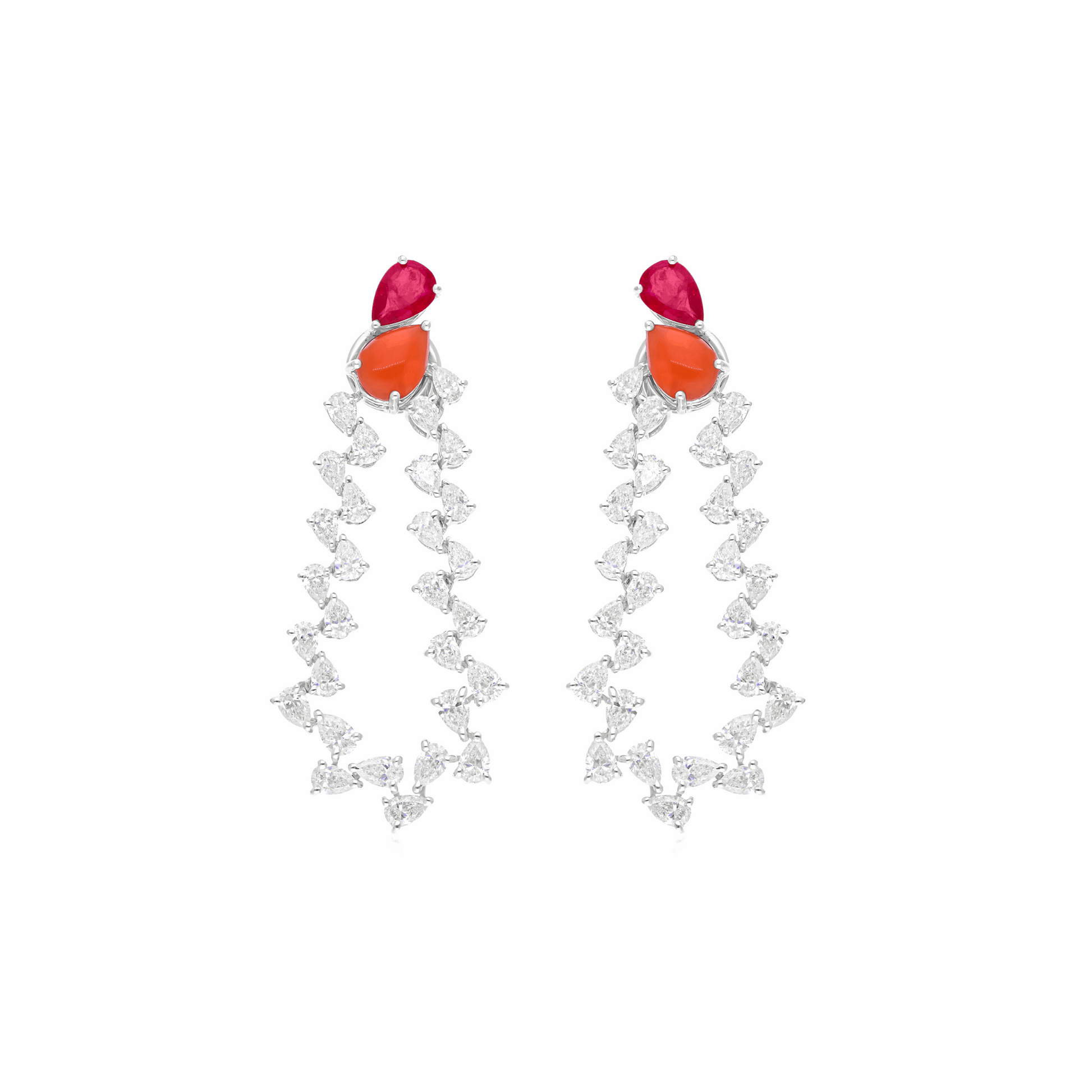 5.78 Tcw Natural SI/H Diamond Ruby Coral Gemstone Dangle Earrings 18K Gold