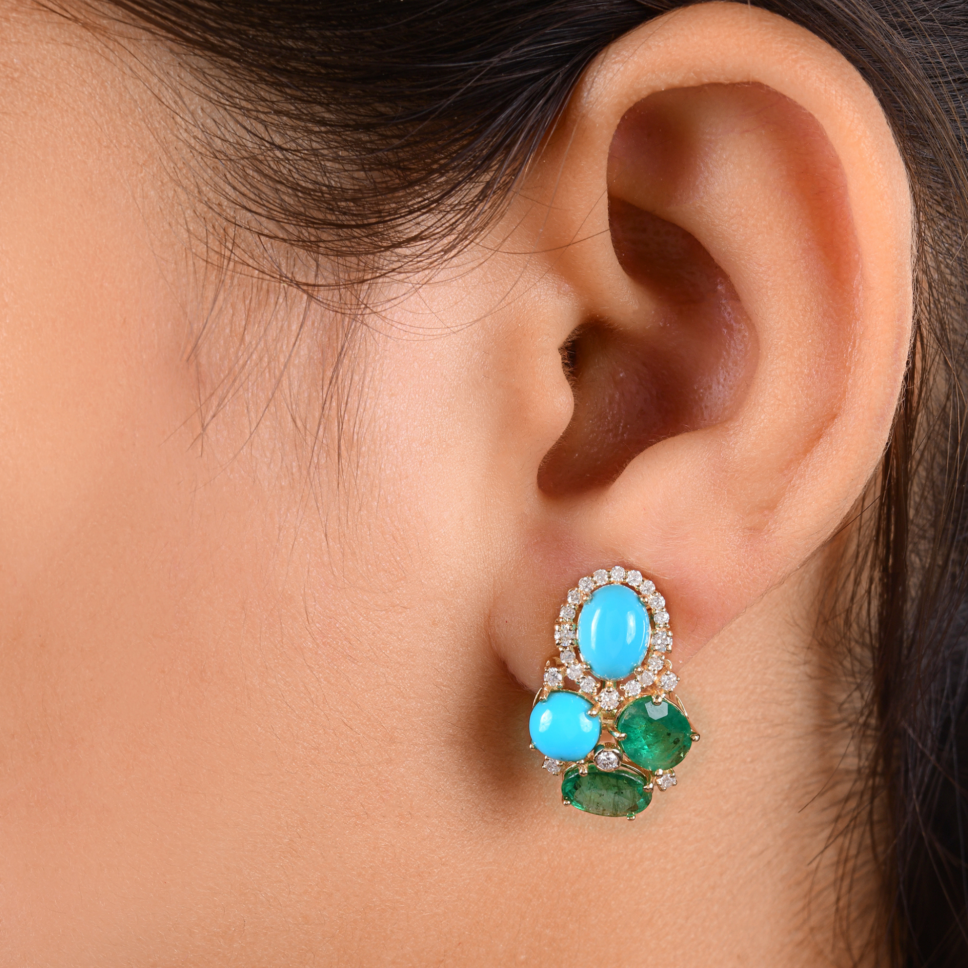 Handmade Art Deco 8.98Ct Natural Turquoise & Emerald Diamond Solid Gold Earrings