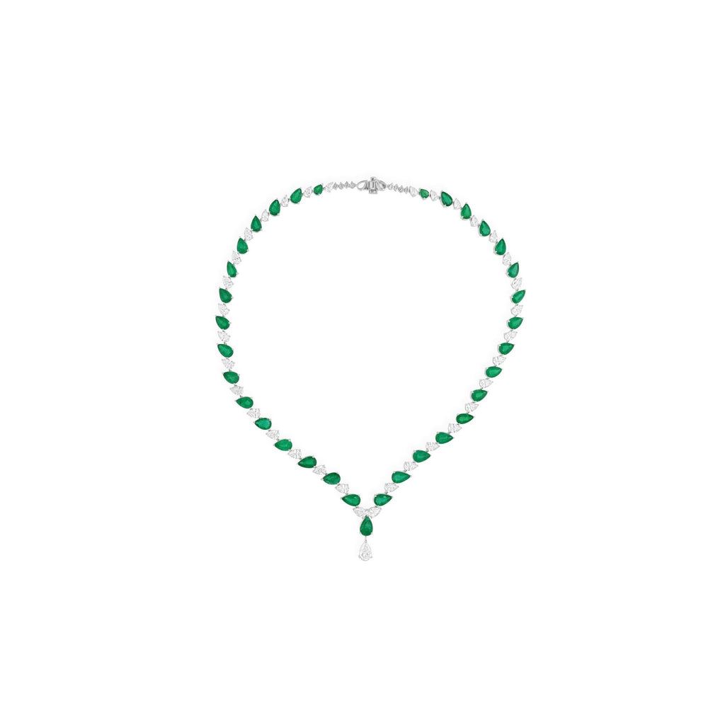 Fine 18k Gold Pear Cut 34.60 Tcw Natural Diamond Zambian Emerald Necklace
