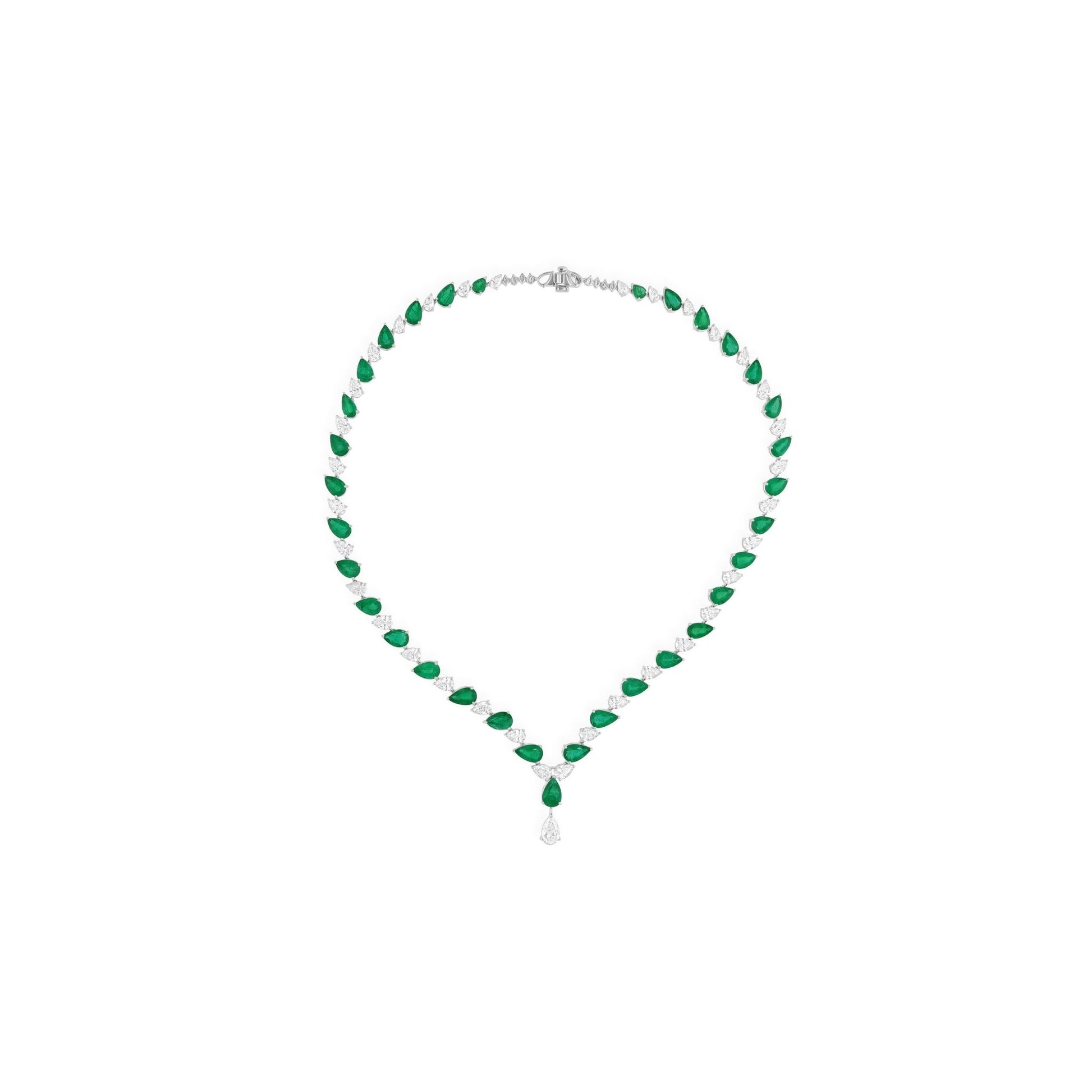 Fine 18k Gold Pear Cut 34.60 Tcw Natural Diamond Zambian Emerald Necklace