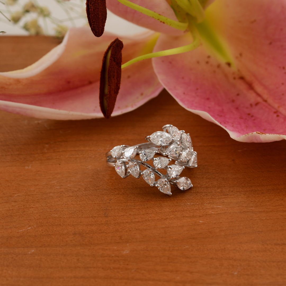 2.70 Carat Natural SI/HI Pear Marquise Diamond Cuff Leaf Ring in Fine Gold