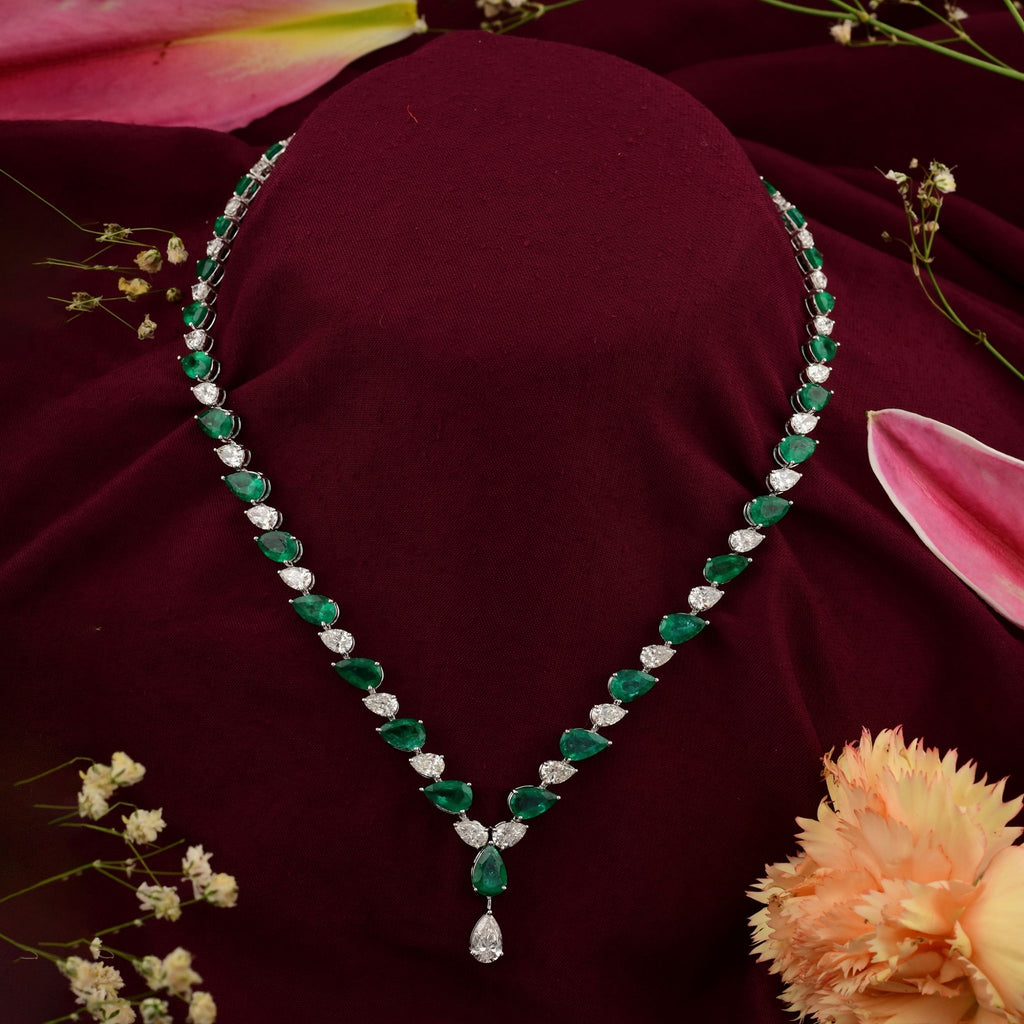 Fine 18k Gold Pear Cut 34.60 Tcw Natural Diamond Zambian Emerald Necklace