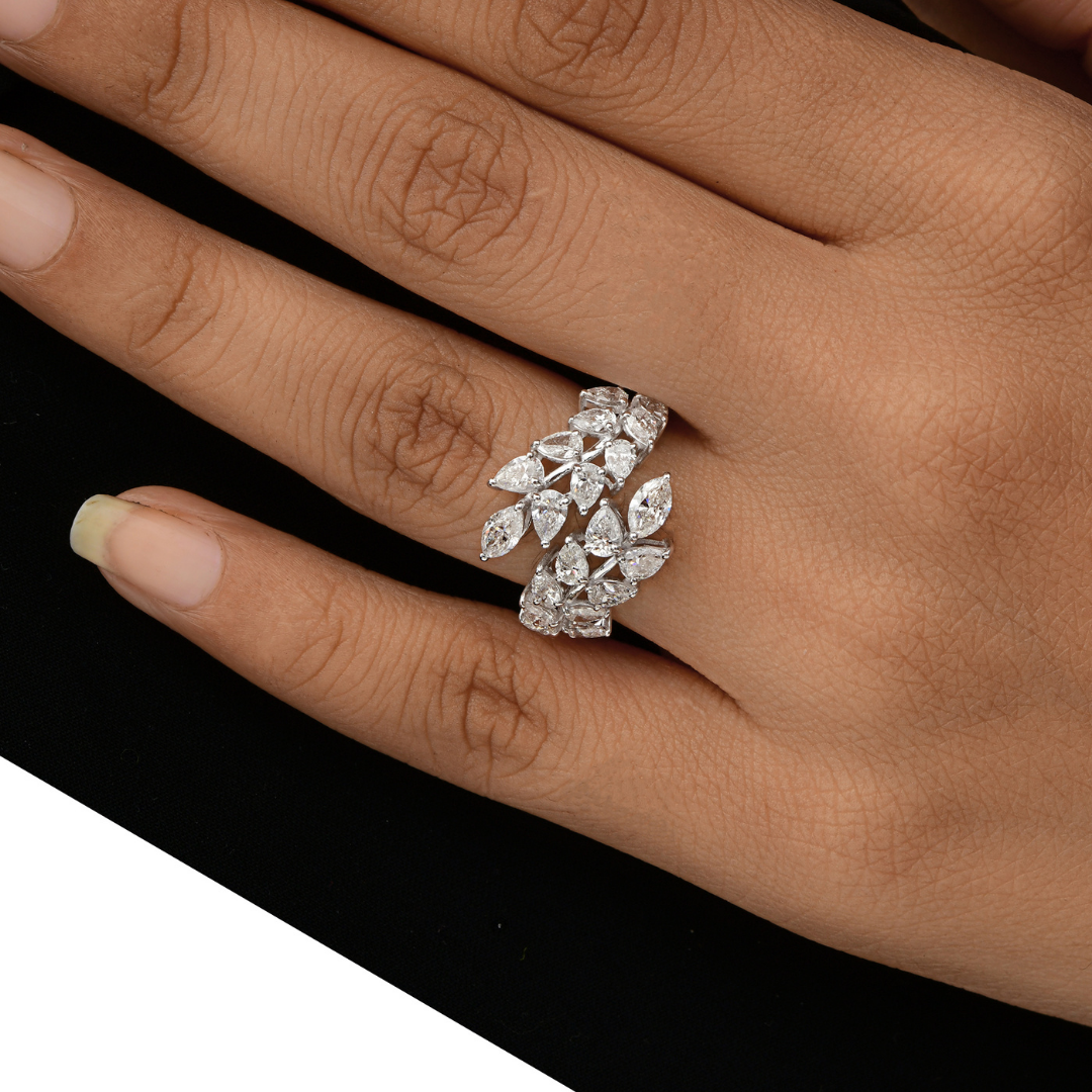 2.70 Carat Natural SI/HI Pear Marquise Diamond Cuff Leaf Ring in Fine Gold