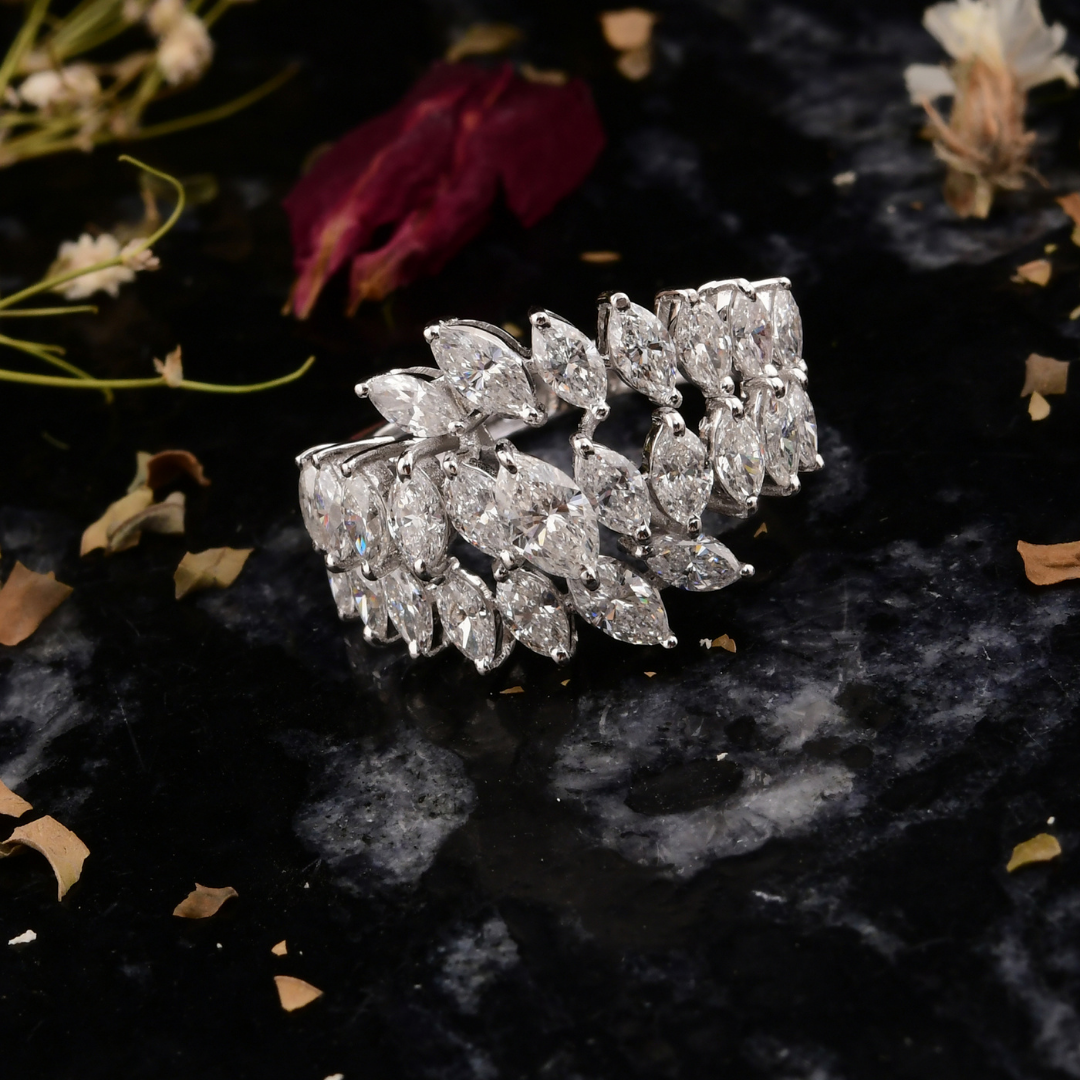 Floral Inspired Wide Marquise Cut 2.57 Carat Diamond Ring in Fine Gold