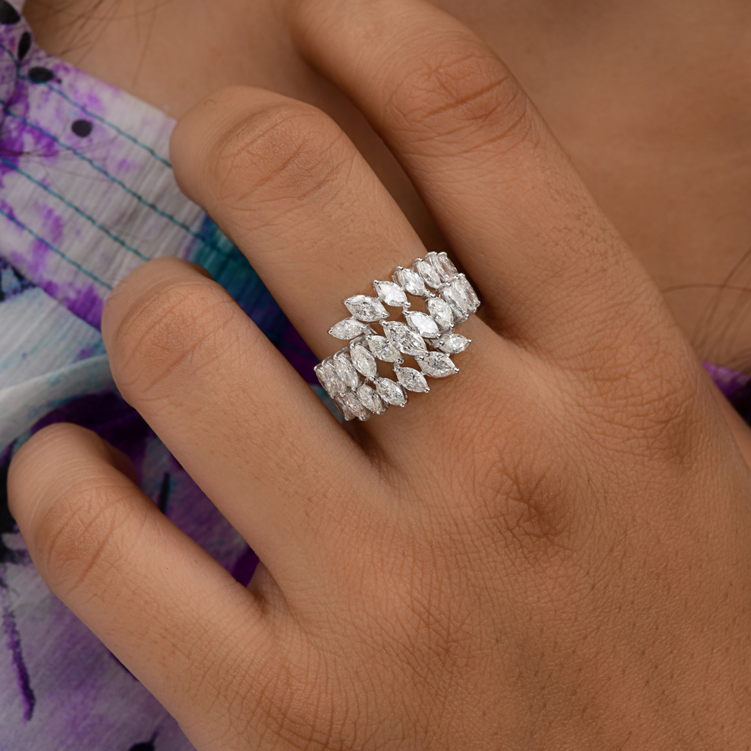 Floral Inspired Wide Marquise Cut 2.57 Carat Diamond Ring in Fine Gold
