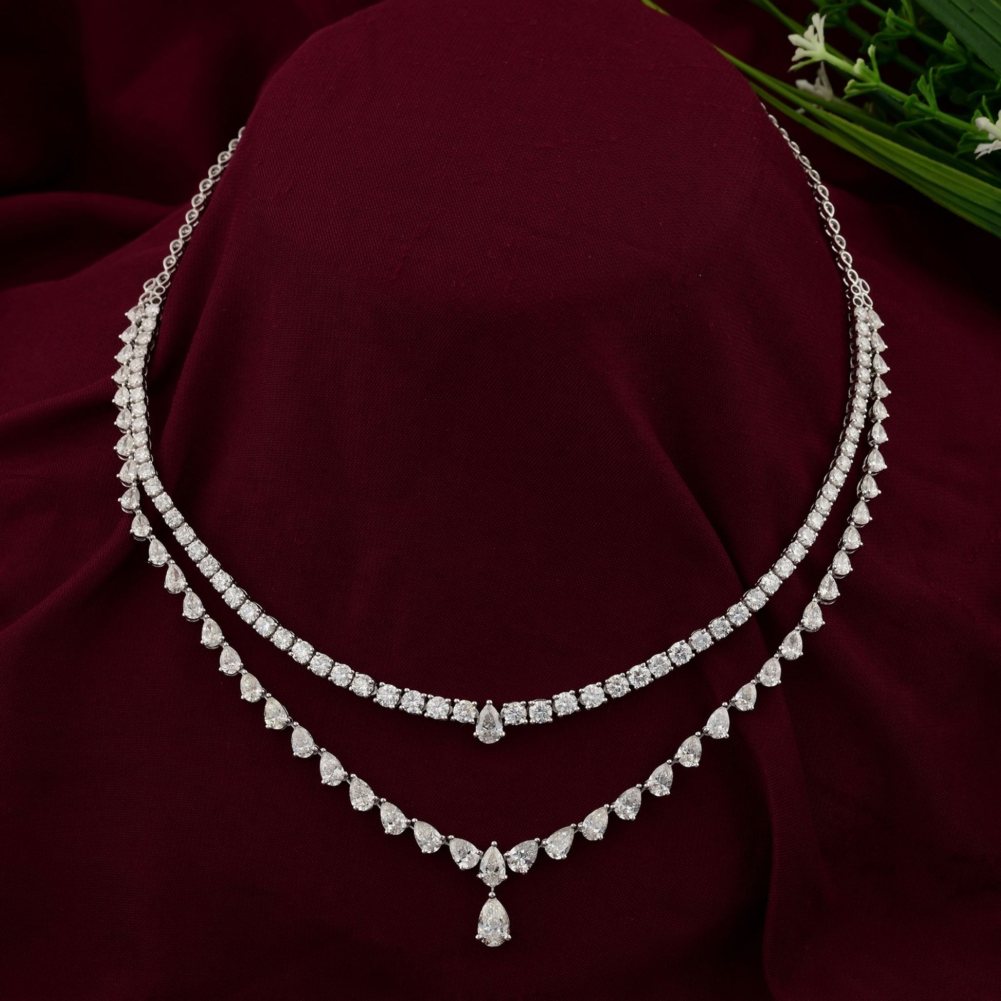 17.10 Ct Natural SI/H Pear Diamond Layered Chain Necklace in 18k Gold Bridal Jewelry