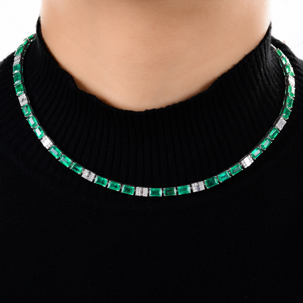 25.35 Tcw Zambian Emerald Gemstone & Diamond Gold Wedding Necklace