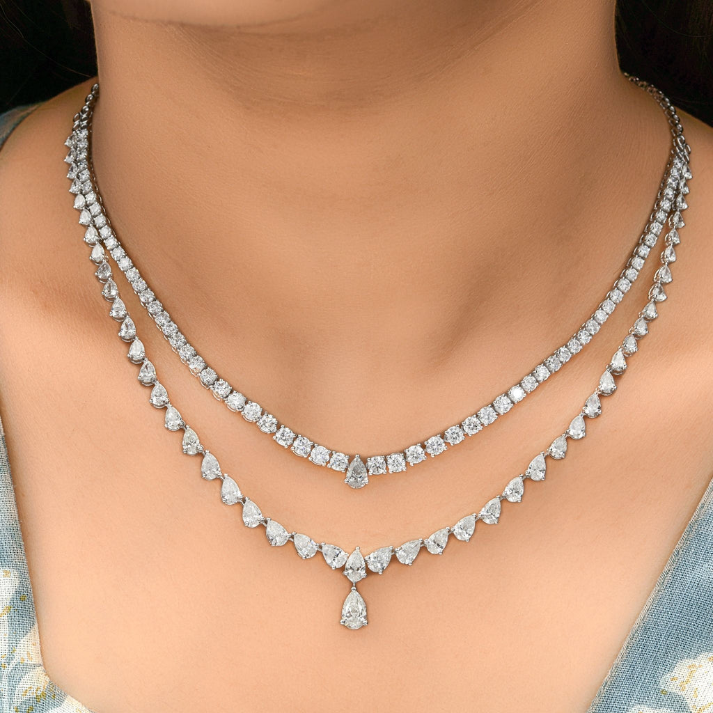 17.10 Ct Natural SI/H Pear Diamond Layered Chain Necklace in 18k Gold Bridal Jewelry