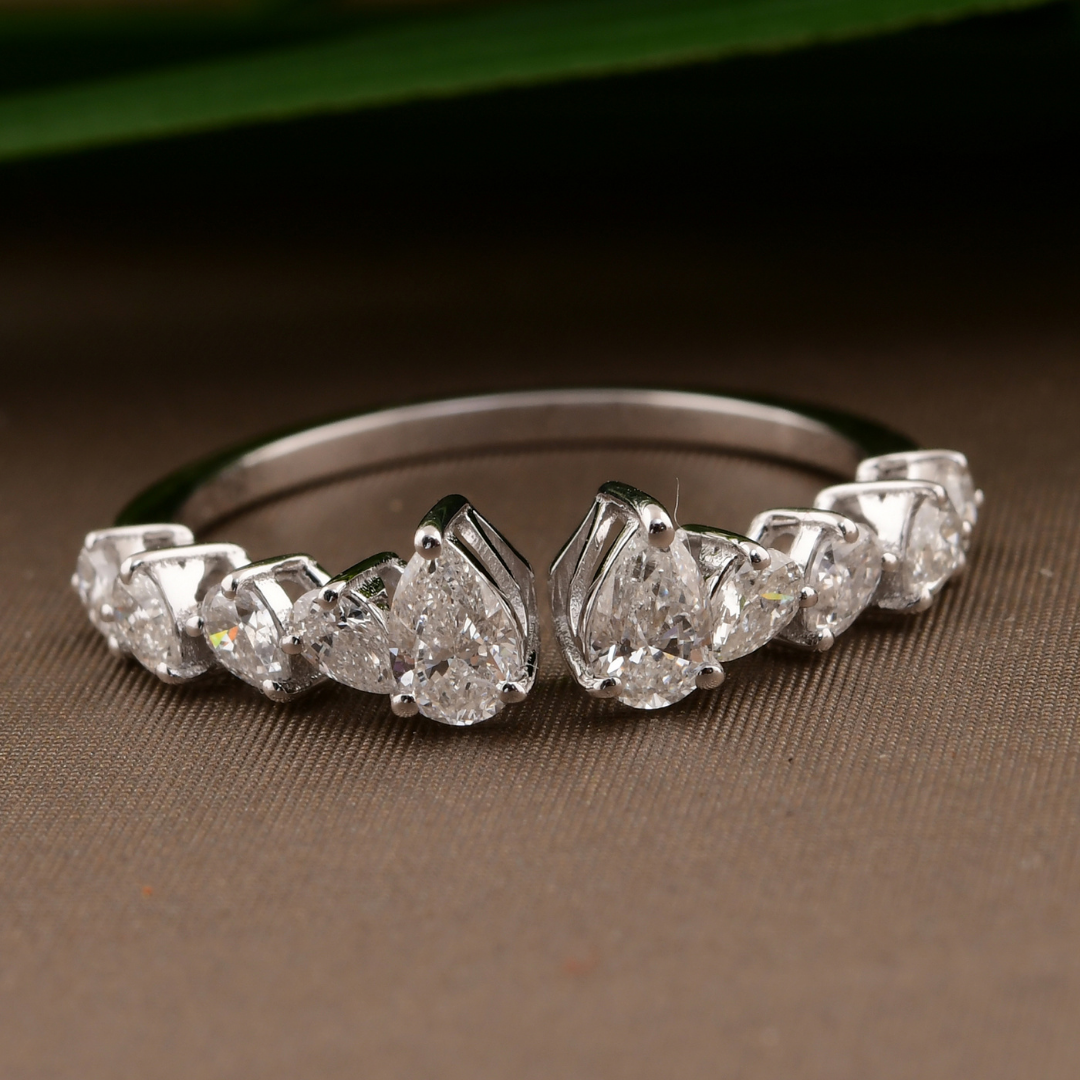 Sparkling Pear Cut Natural Diamond Open Ring in Fine Gold