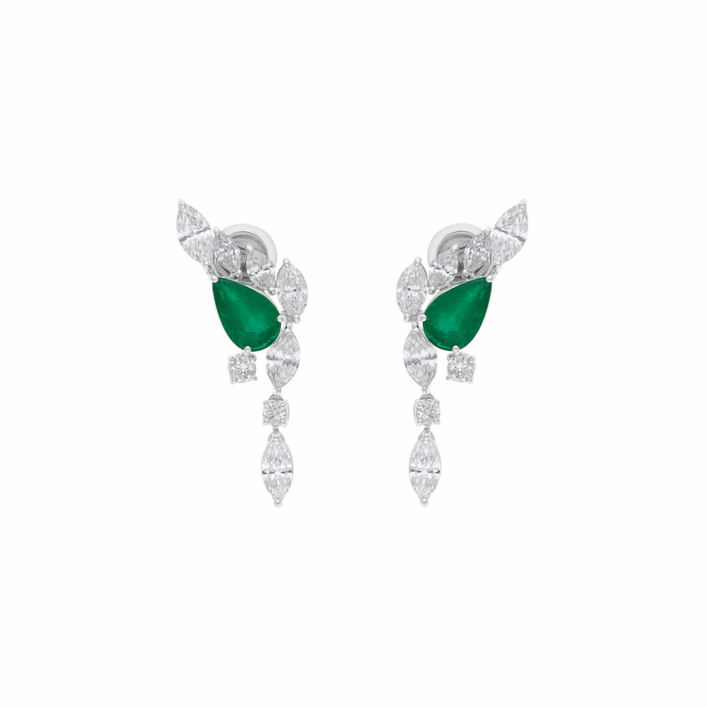 18K Solid Gold 4.93 Tcw Emerald and Marquise Diamond Earrings