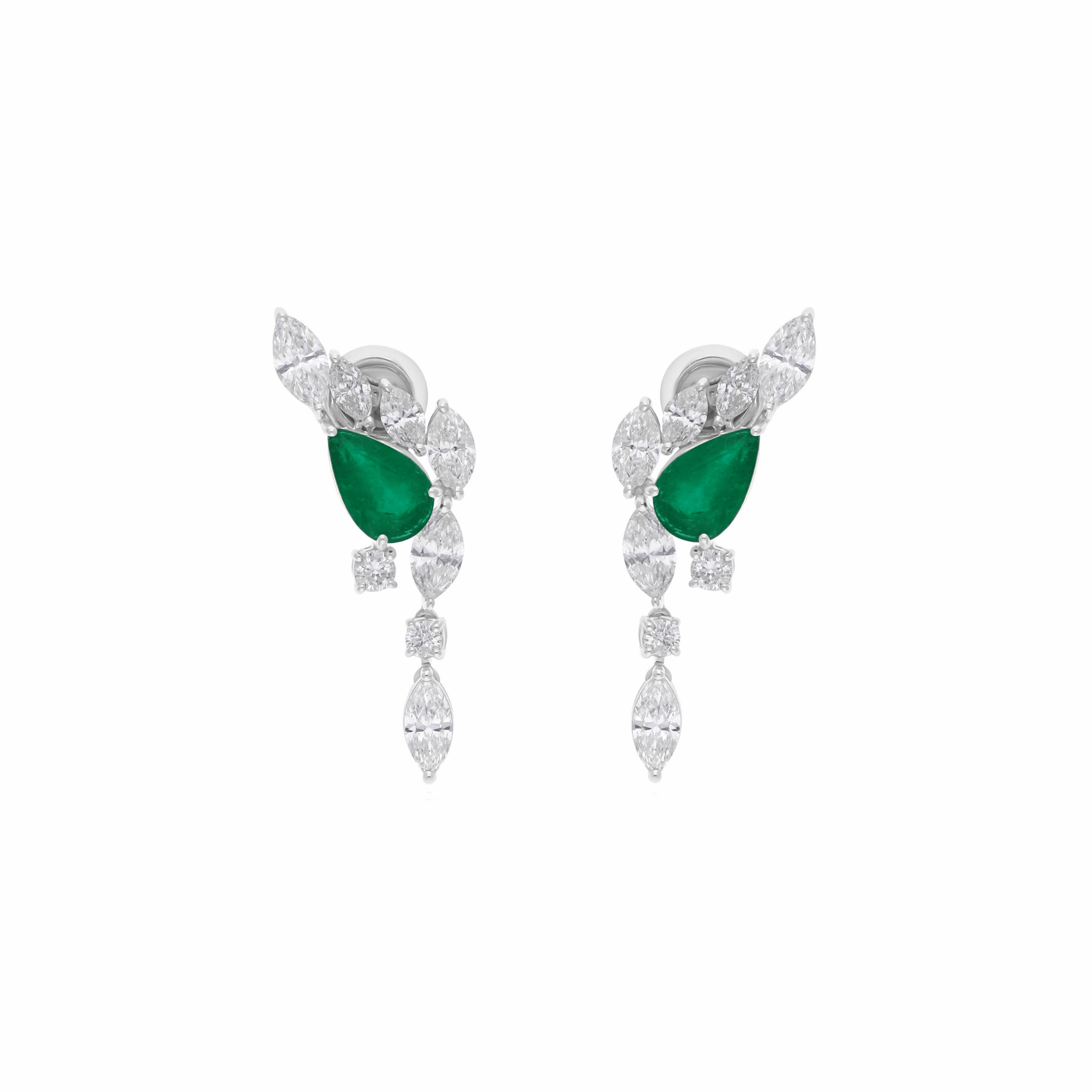 18K Solid Gold 4.93 Tcw Emerald and Marquise Diamond Earrings