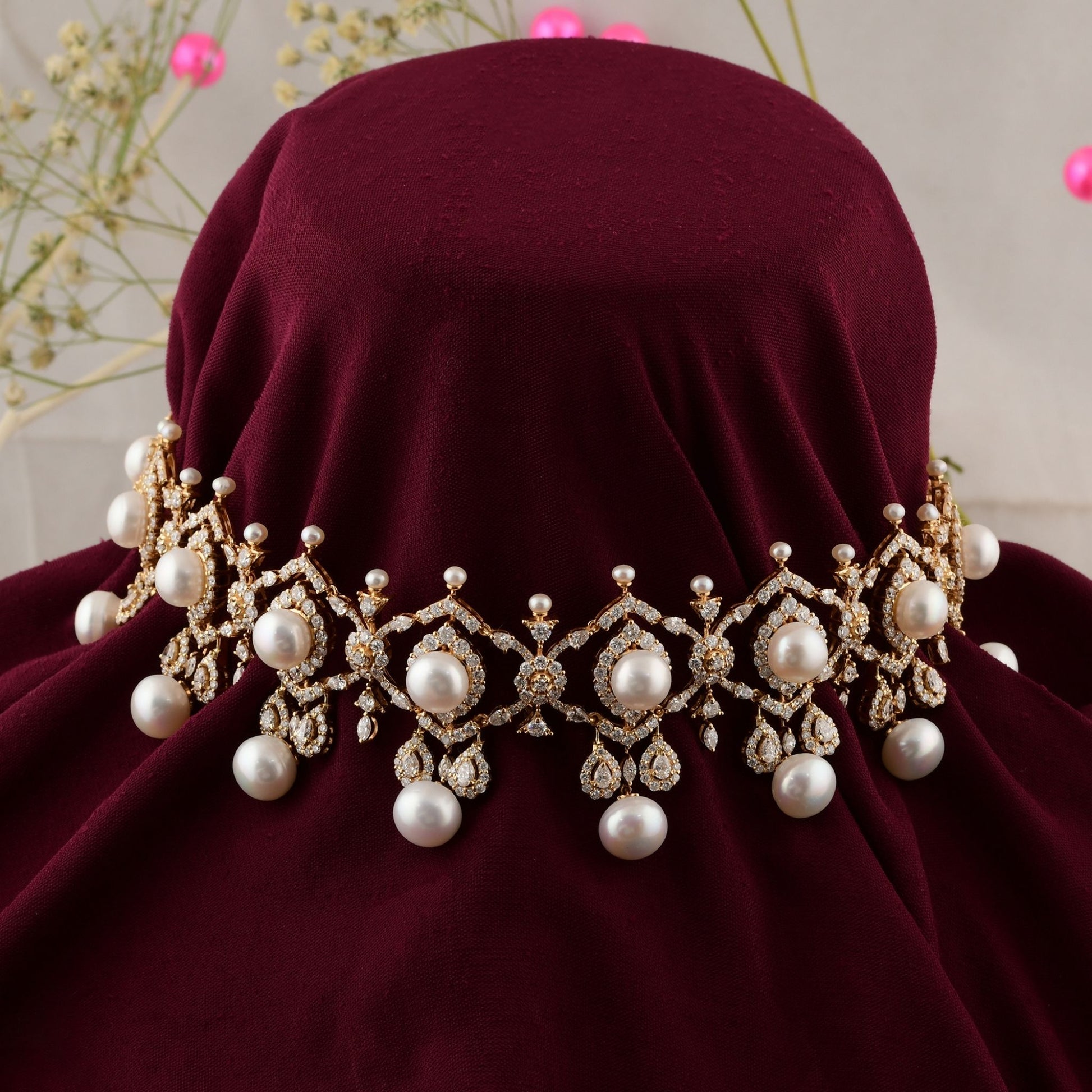 88.05Tcw Statement Solid Gold Pearl Natural Diamond Choker Bridal Necklace