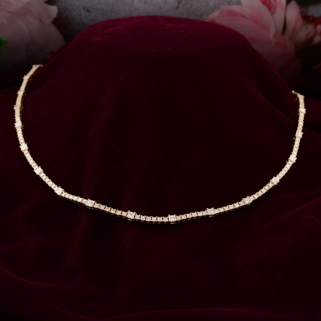 12.98 Ct Natural SI/HI Princess Cut Diamond Gold Tennis Chain Necklace