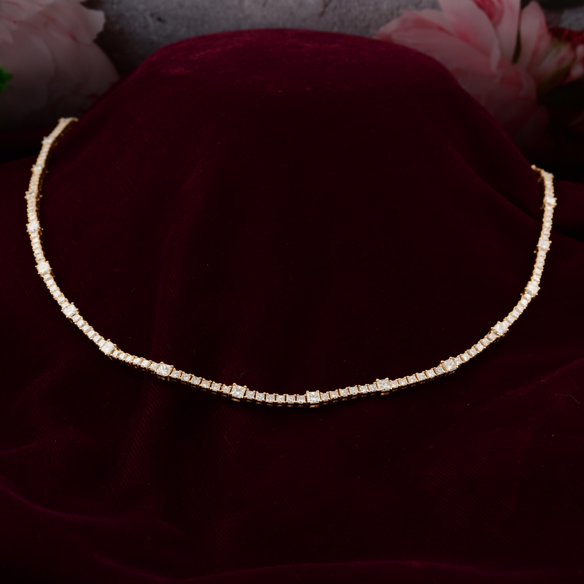 12.98 Ct Natural SI/HI Princess Cut Diamond Gold Tennis Chain Necklace