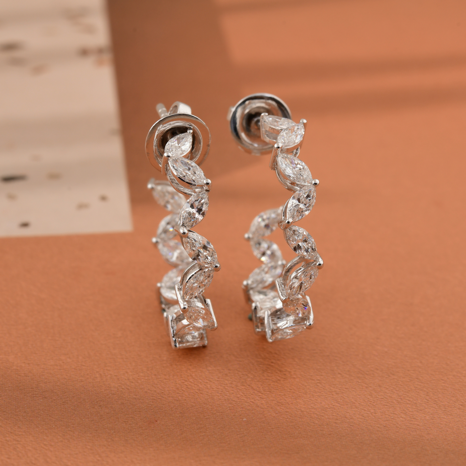 Sparkling Gold 2.71Carat Marquise Cut SI/HI Diamond C-Huggies Hoop Earrings