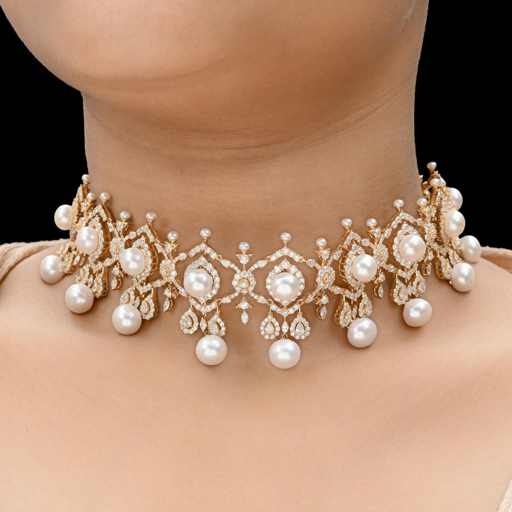 88.05Tcw Statement Solid Gold Pearl Natural Diamond Choker Bridal Necklace