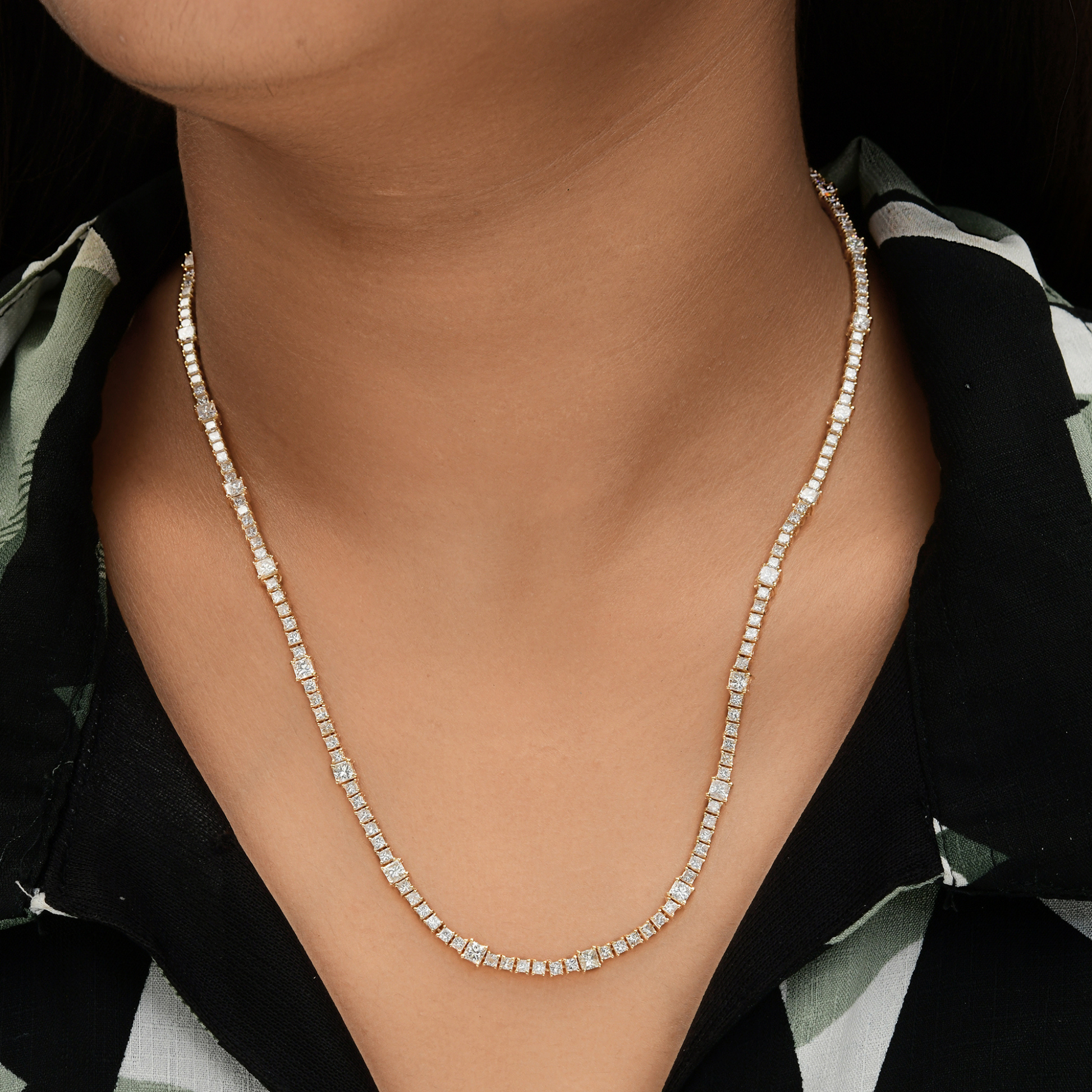 12.98 Ct Natural SI/HI Princess Cut Diamond Gold Tennis Chain Necklace