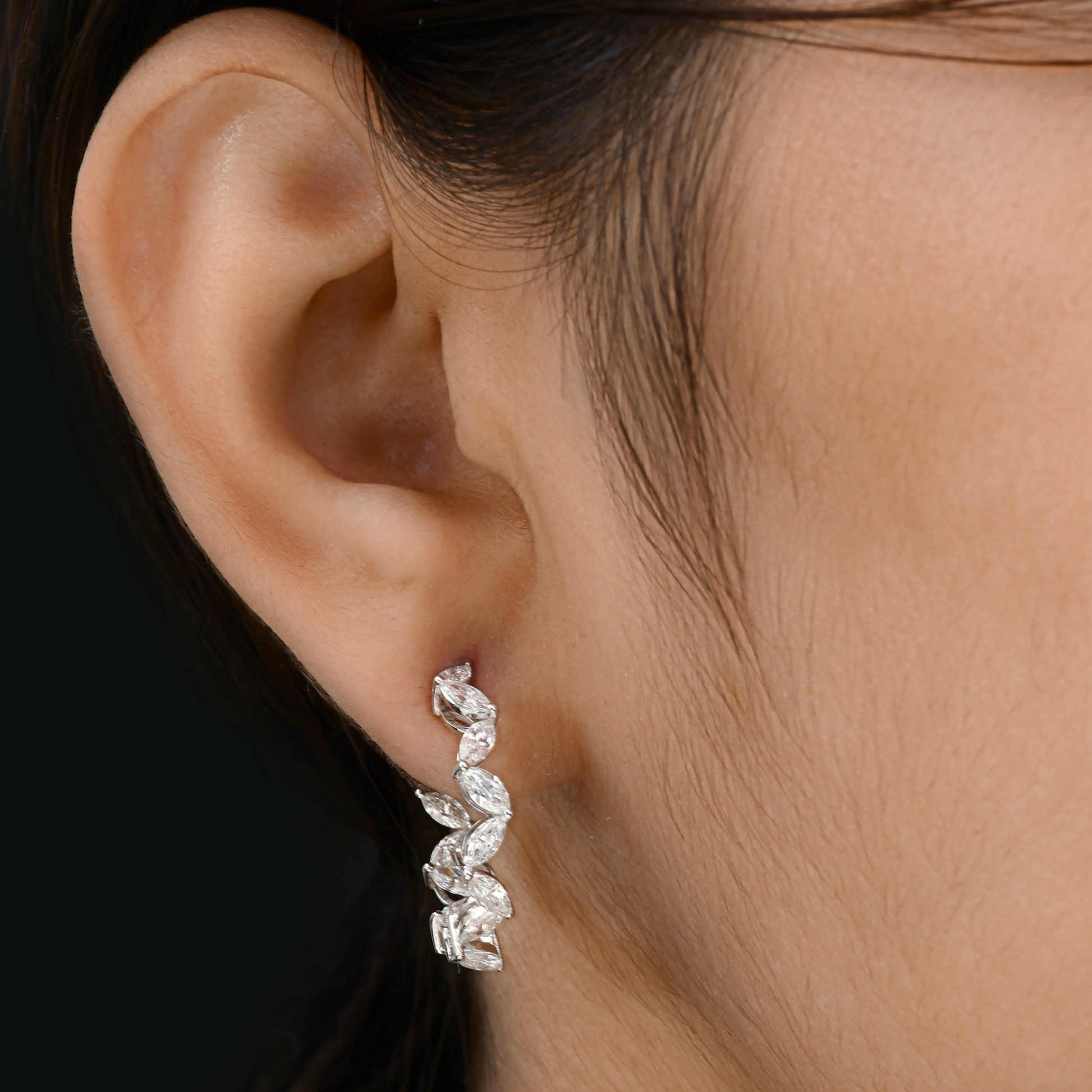 Sparkling Gold 2.71Carat Marquise Cut SI/HI Diamond C-Huggies Hoop Earrings