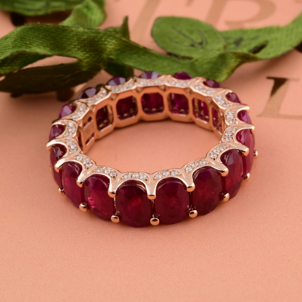 10.10 Carat Oval Cut Ruby & Diamond Stackable Eternity Gold Ring