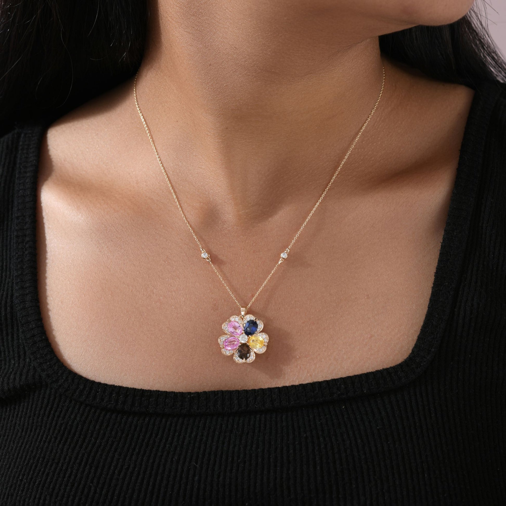 Multi Sapphire & Diamond Floral Pendant Necklace in Fine Gold