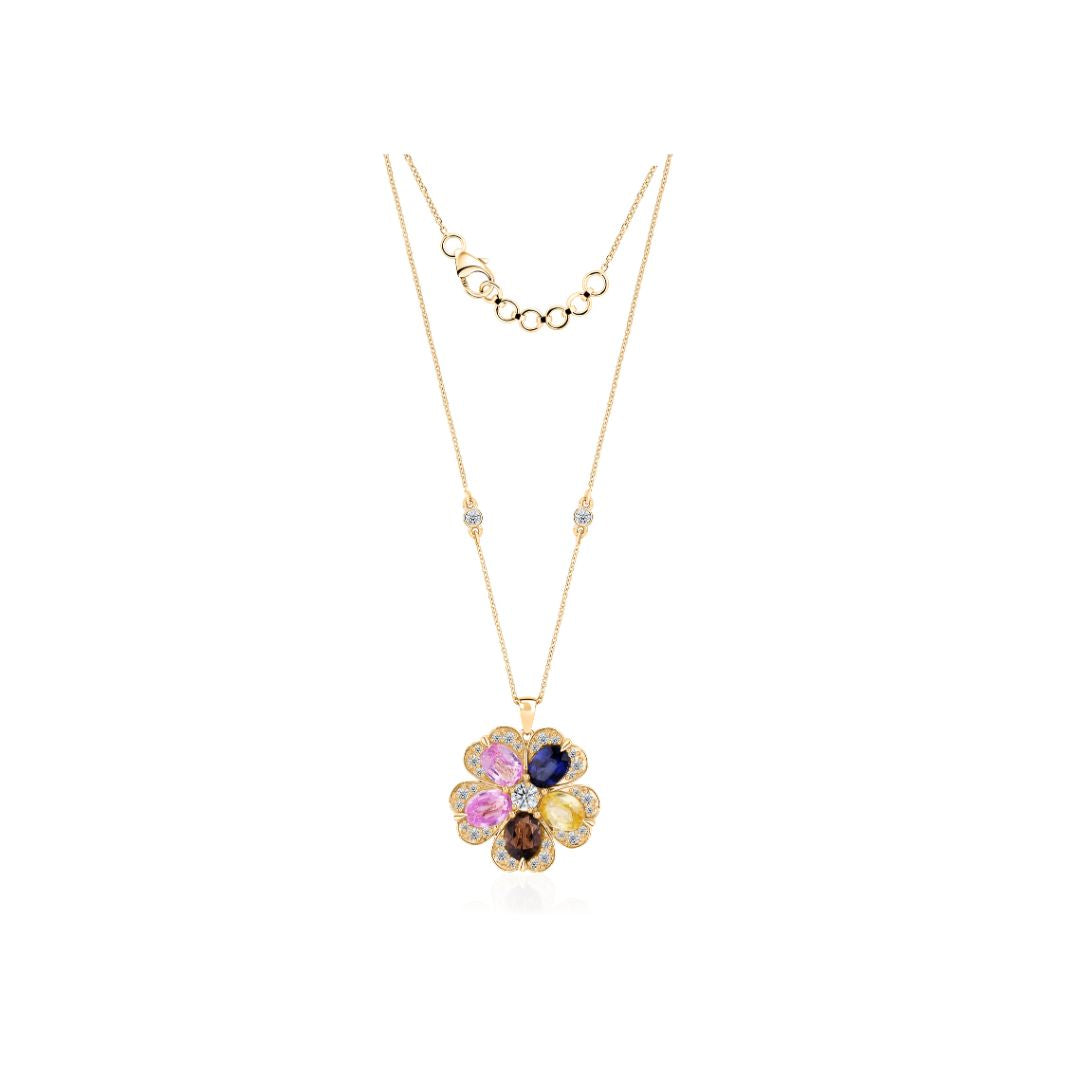 Multi Sapphire & Diamond Floral Pendant Necklace in Fine Gold