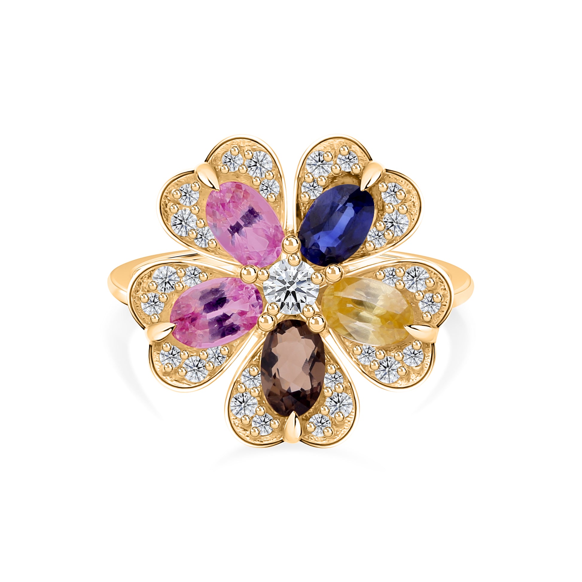Multi Sapphire Flower Shaped Diamond Ring Fine Gold