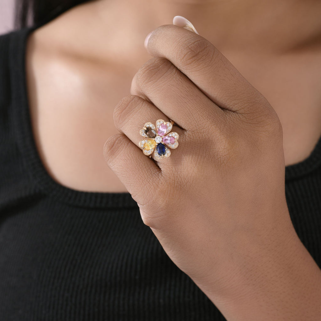 Multi Sapphire Flower Shaped Diamond Ring Fine Gold