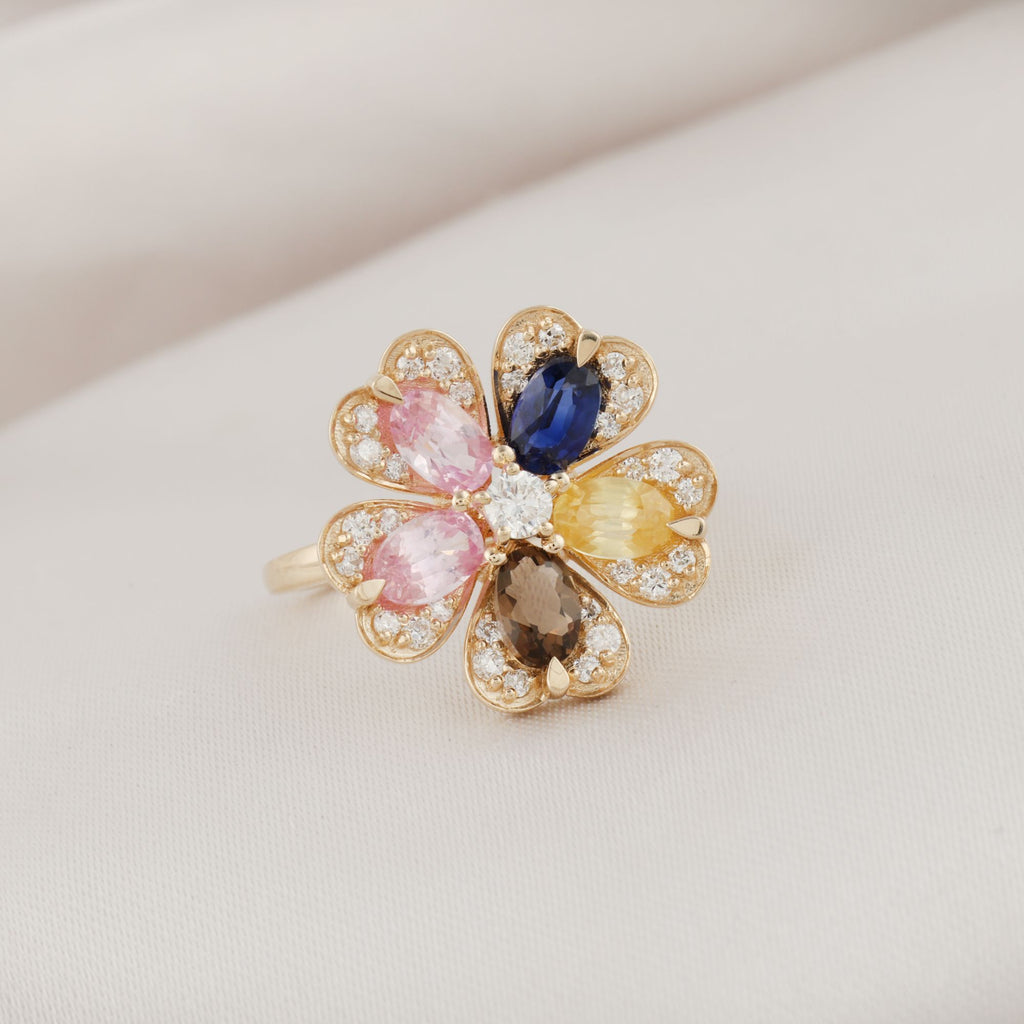 Multi Sapphire Flower Shaped Diamond Ring Fine Gold