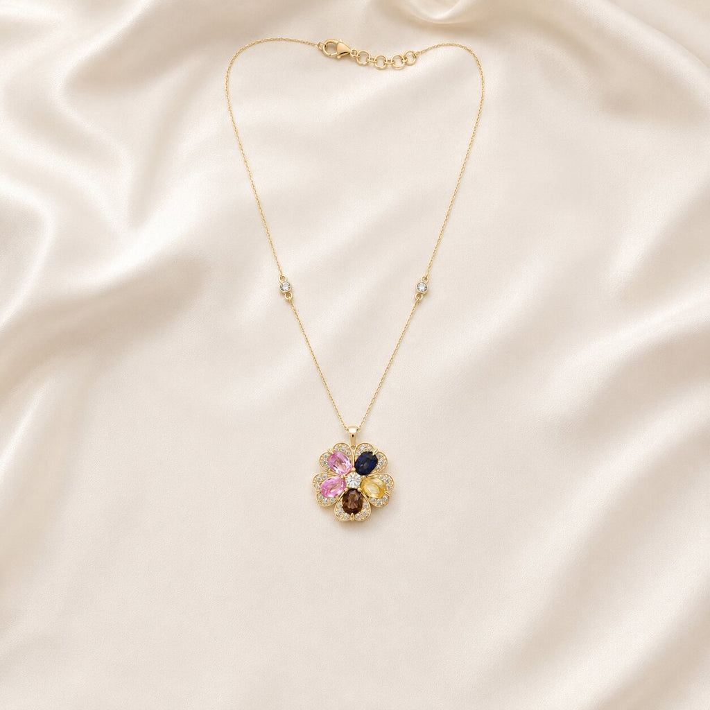 Multi Sapphire & Diamond Floral Pendant Necklace in Fine Gold