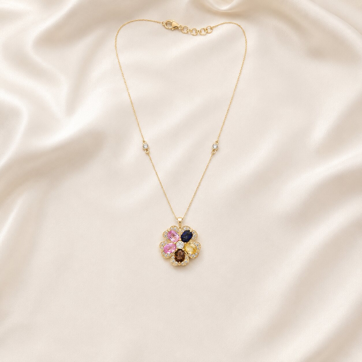 Multi Sapphire & Diamond Floral Pendant Necklace in Fine Gold