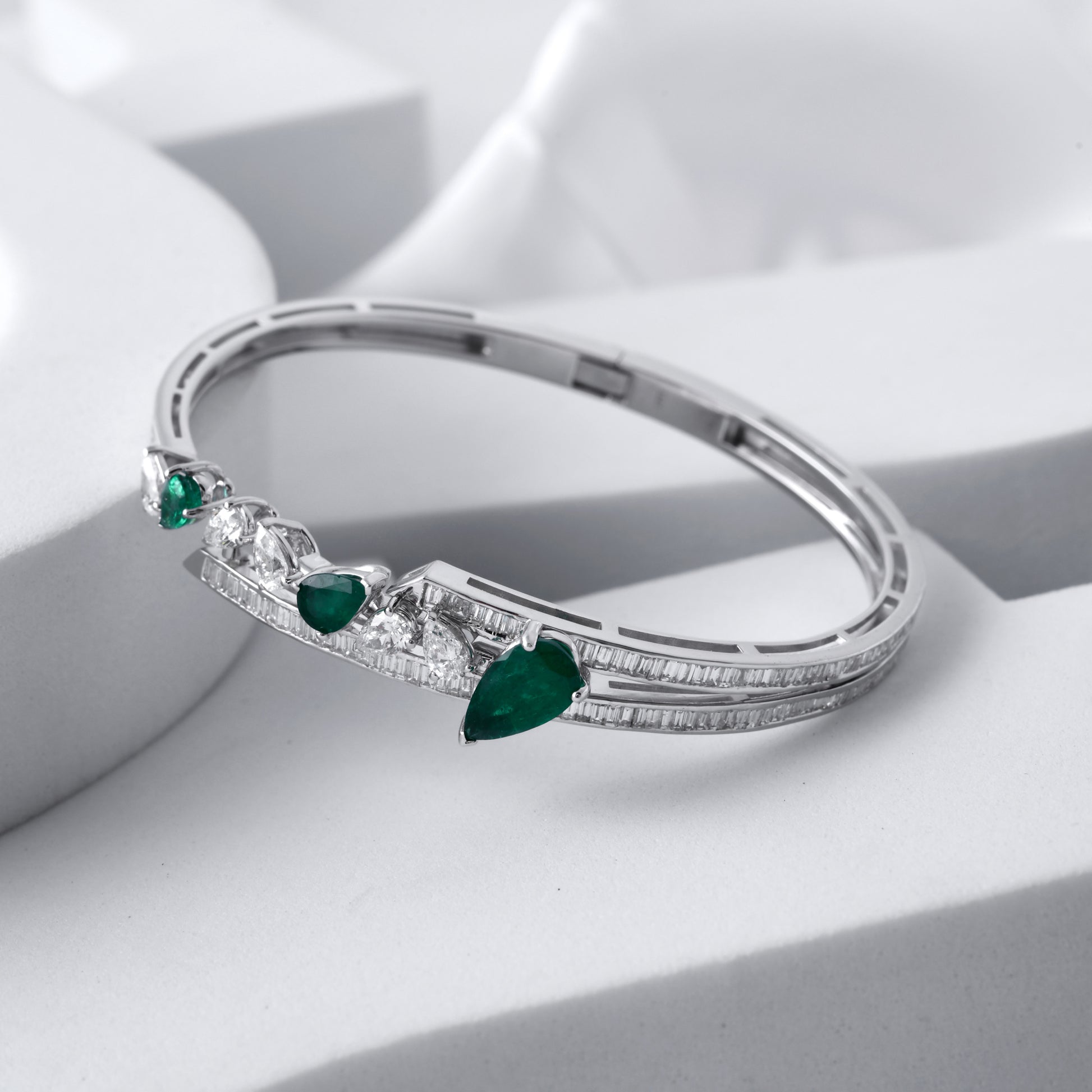 Statement Pear Shaped Emerald & Baguette Diamond Cluster Bangle
