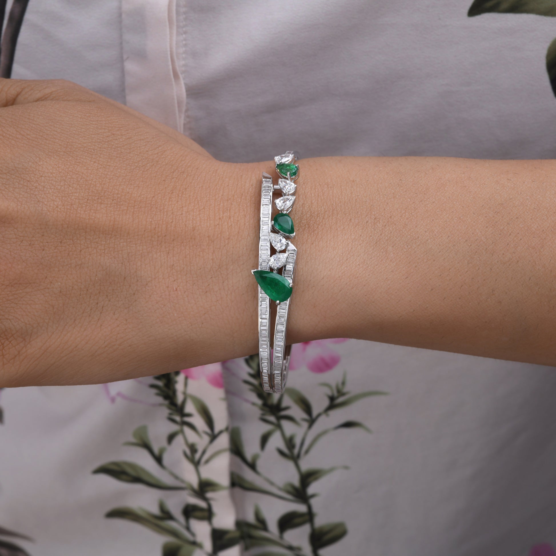 Statement Pear Shaped Emerald & Baguette Diamond Cluster Bangle