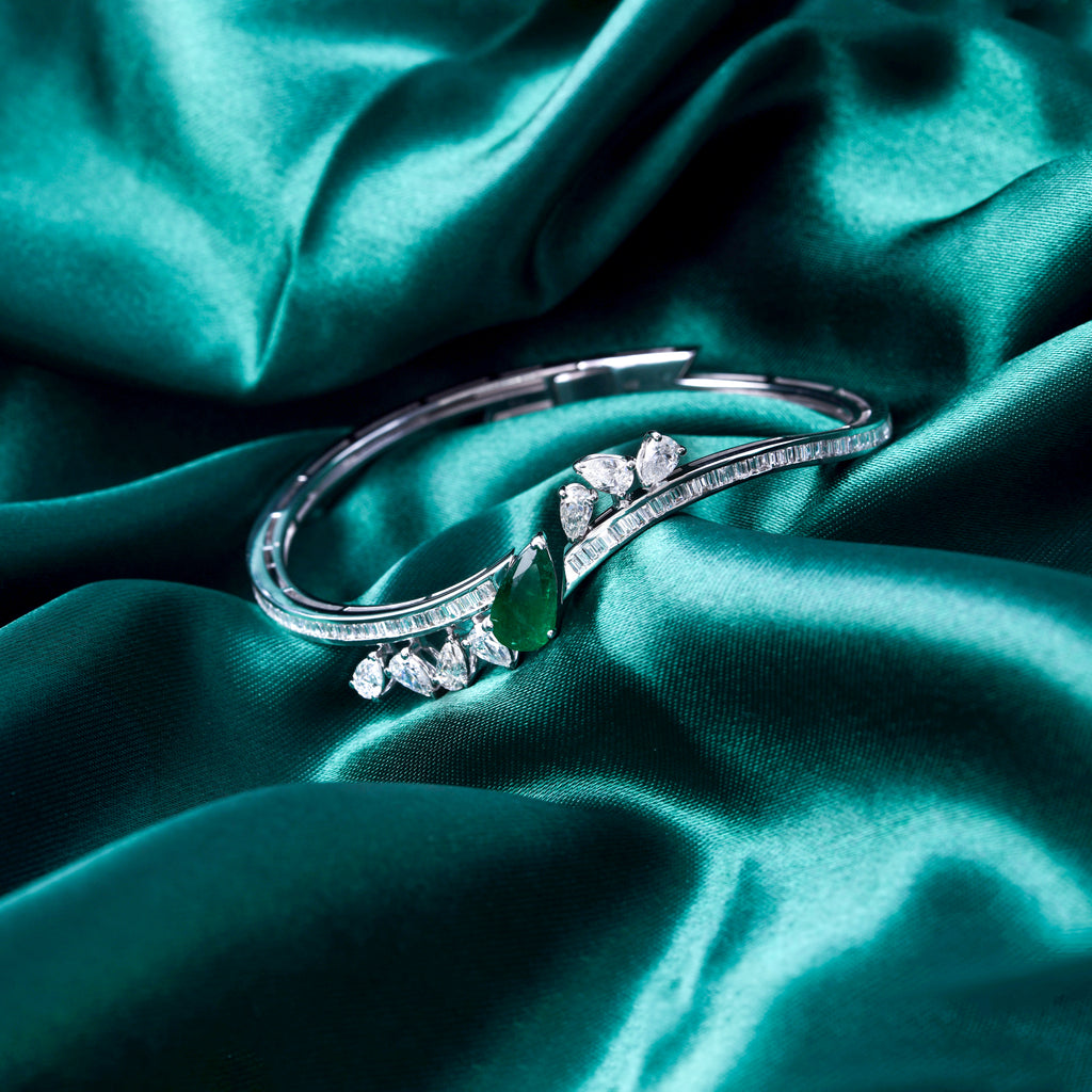 Statement Pear Cut Emerald Bangle with Baguette Diamond Accents