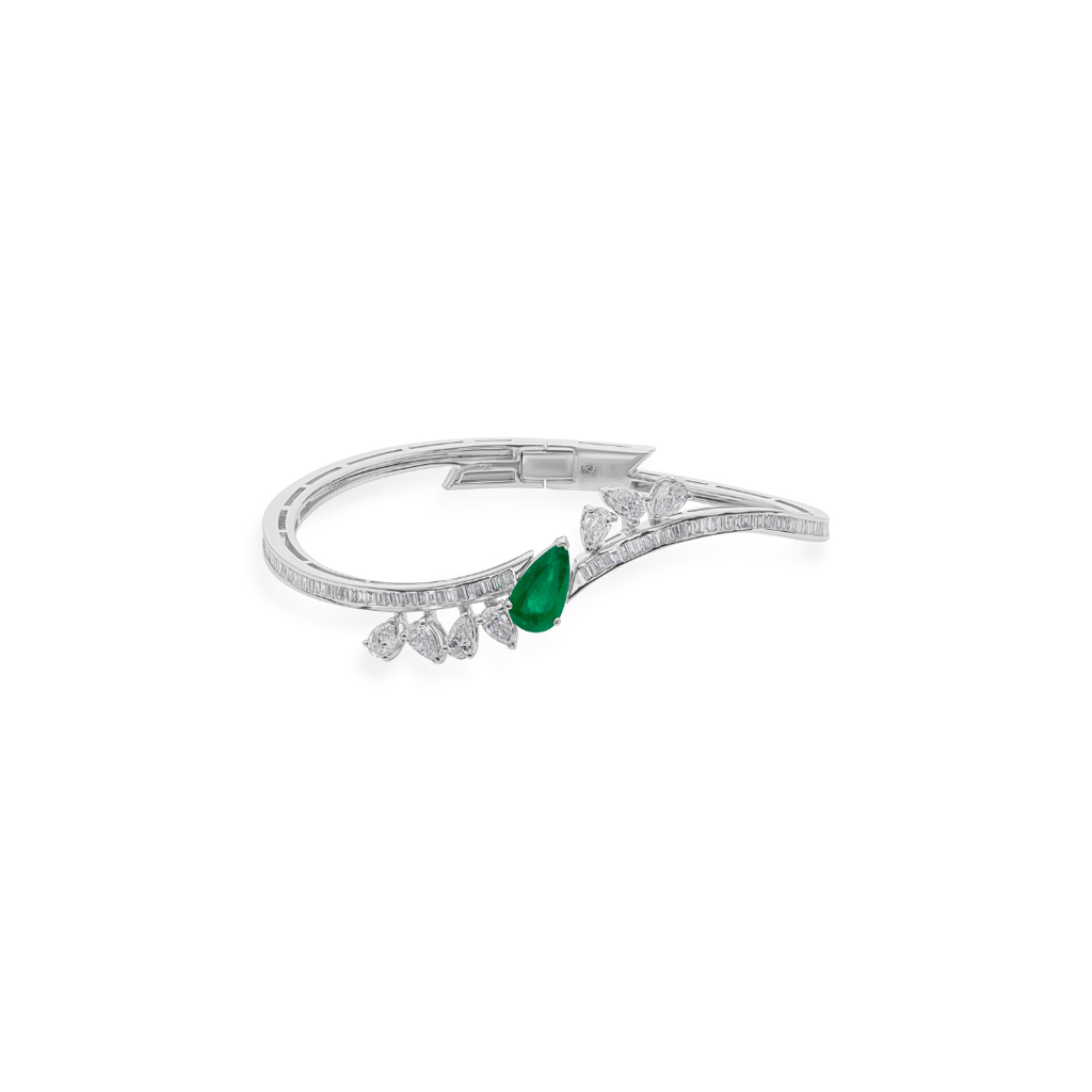 Statement Pear Cut Emerald Bangle with Baguette Diamond Accents