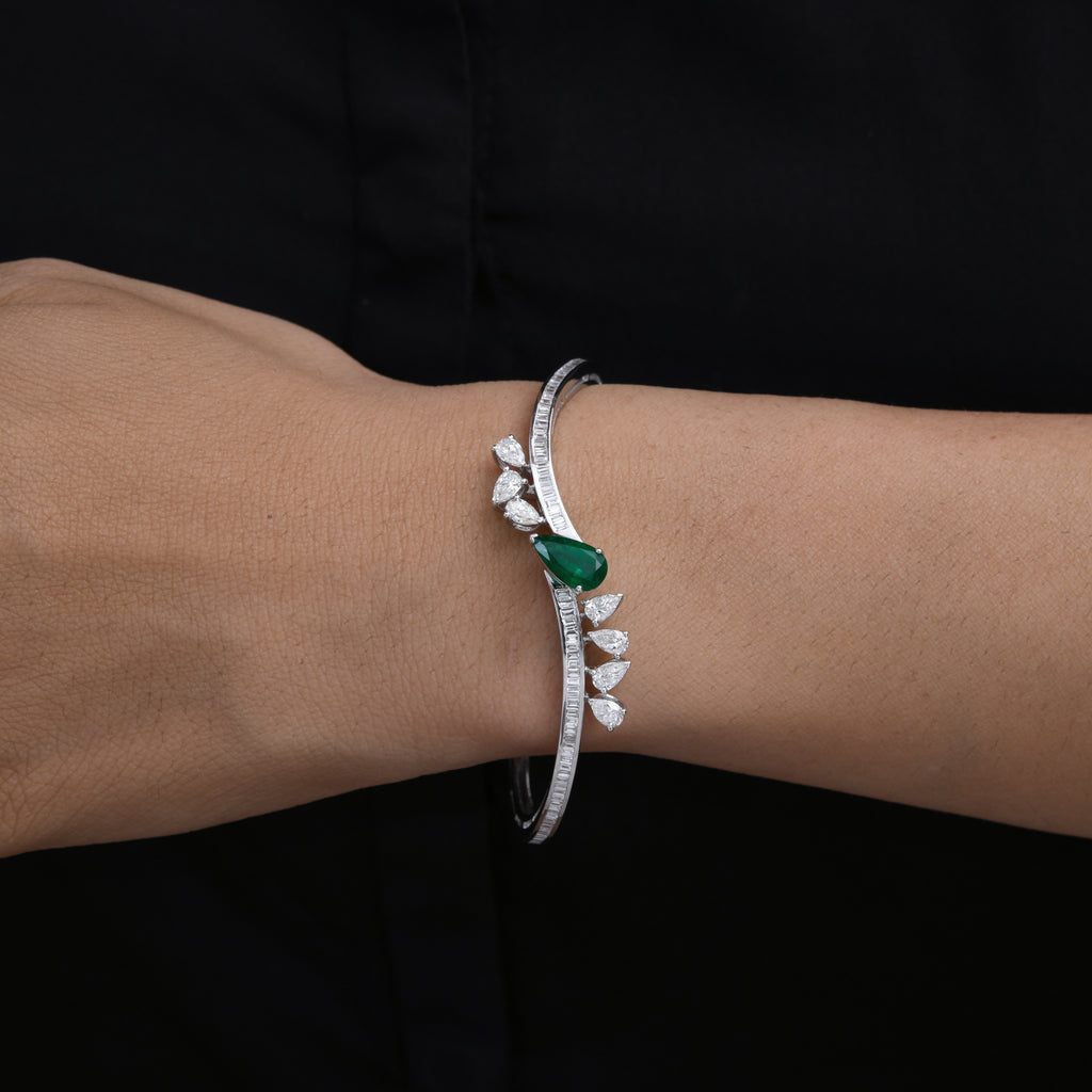 Statement Pear Cut Emerald Bangle with Baguette Diamond Accents