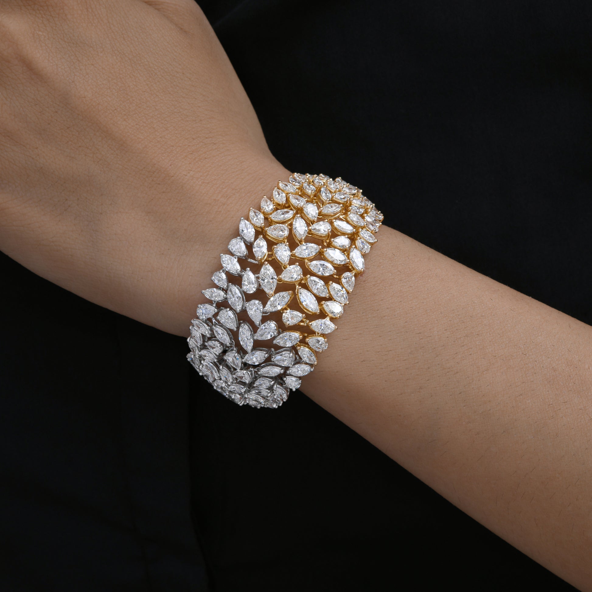 Two Tone Natural Diamond Leaf Wide Statement Bracelet in Fine Gold