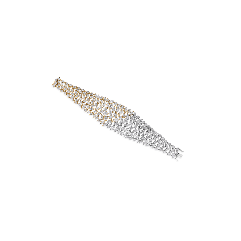 Two Tone Natural Diamond Leaf Wide Statement Bracelet in Fine Gold