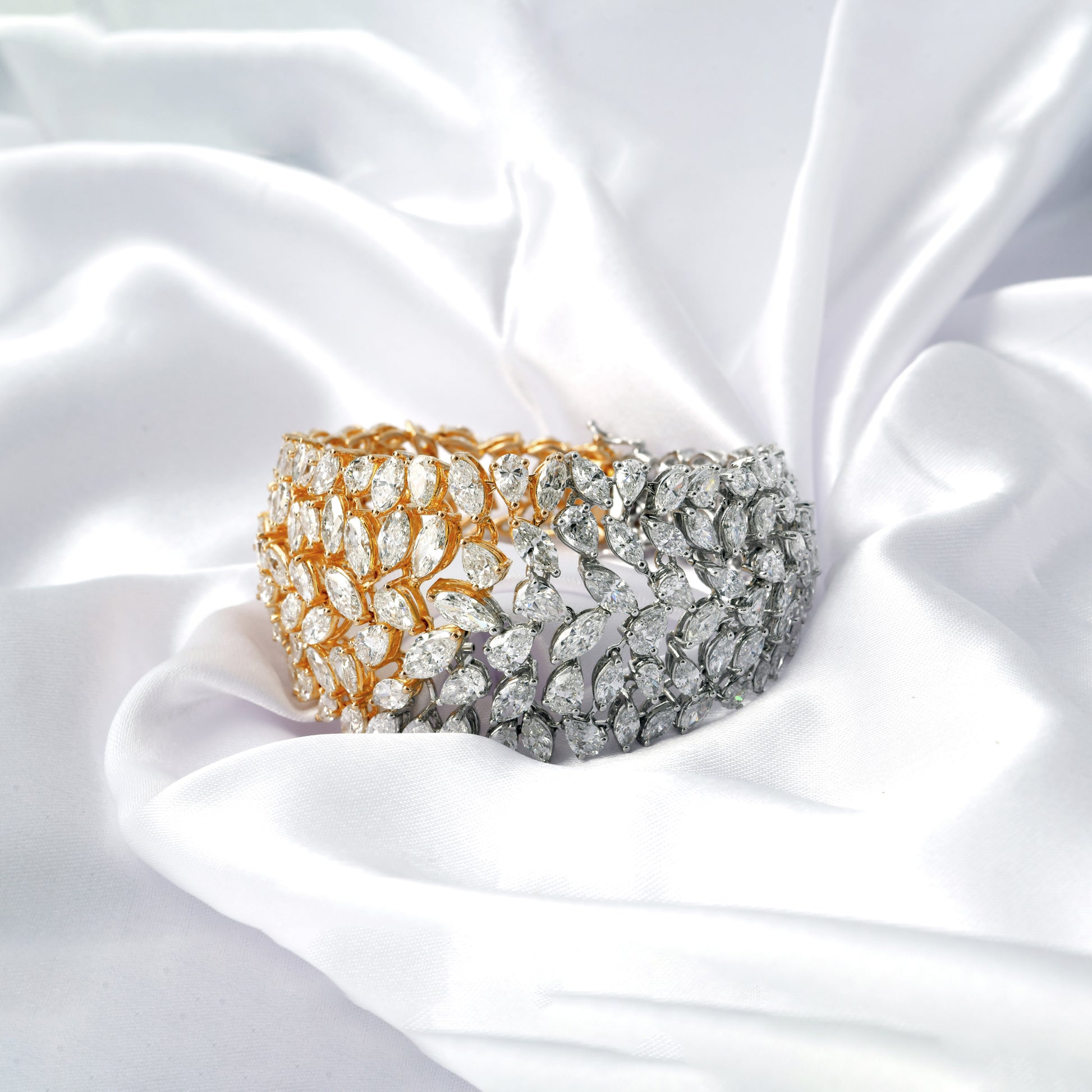 Two Tone Natural Diamond Leaf Wide Statement Bracelet in Fine Gold