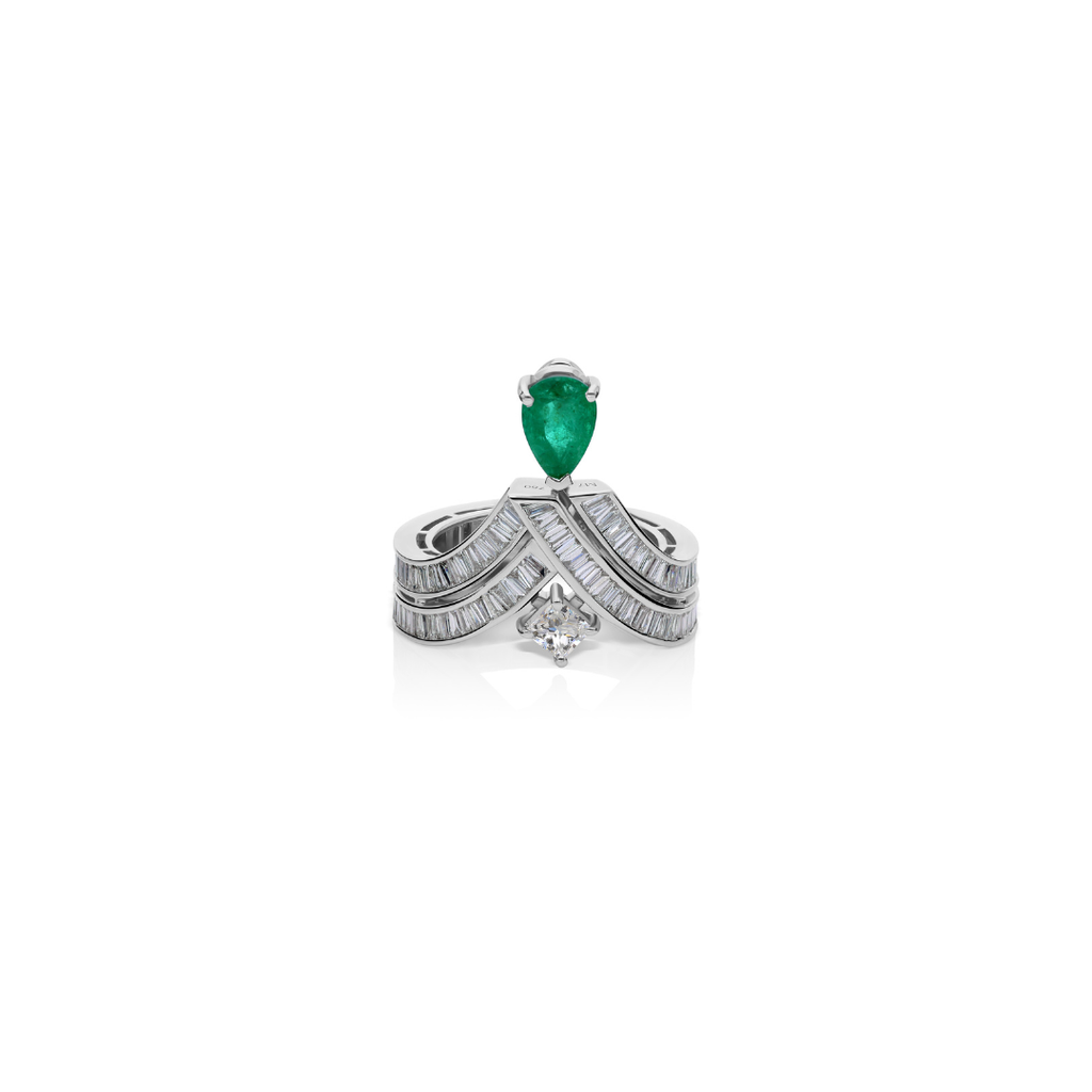 Statement Pear Cut Emerald and Baguette Diamond Chevron Fine Gold Ring