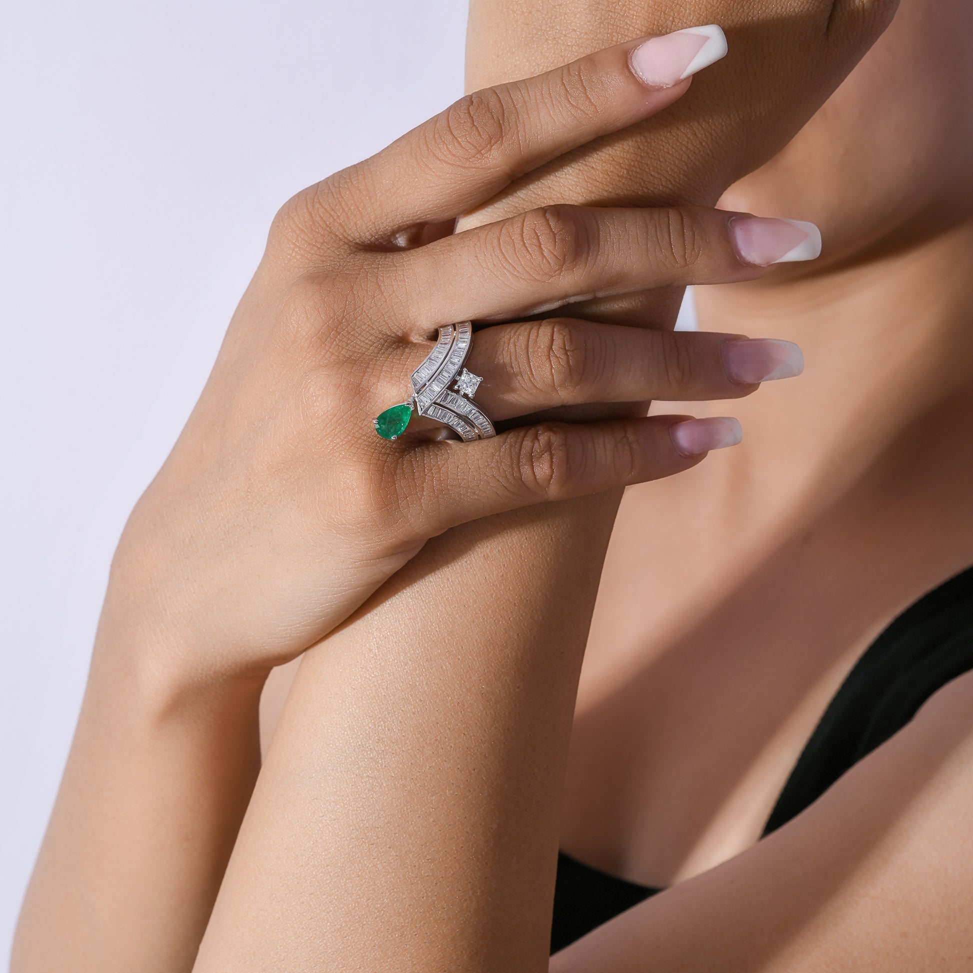 Statement Pear Cut Emerald and Baguette Diamond Chevron Fine Gold Ring
