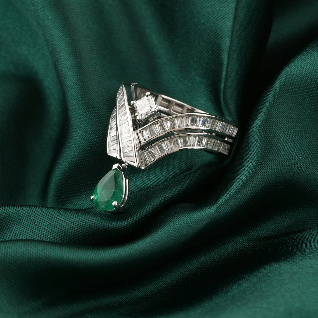Statement Pear Cut Emerald and Baguette Diamond Chevron Fine Gold Ring