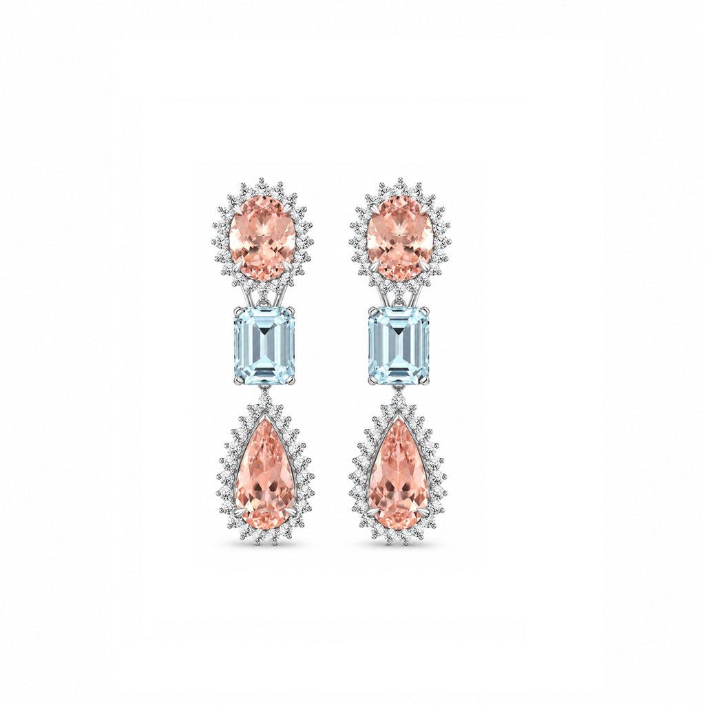Handmade Natural Morganite Aquamarine Diamond Dangle Earrings in Fine Gold